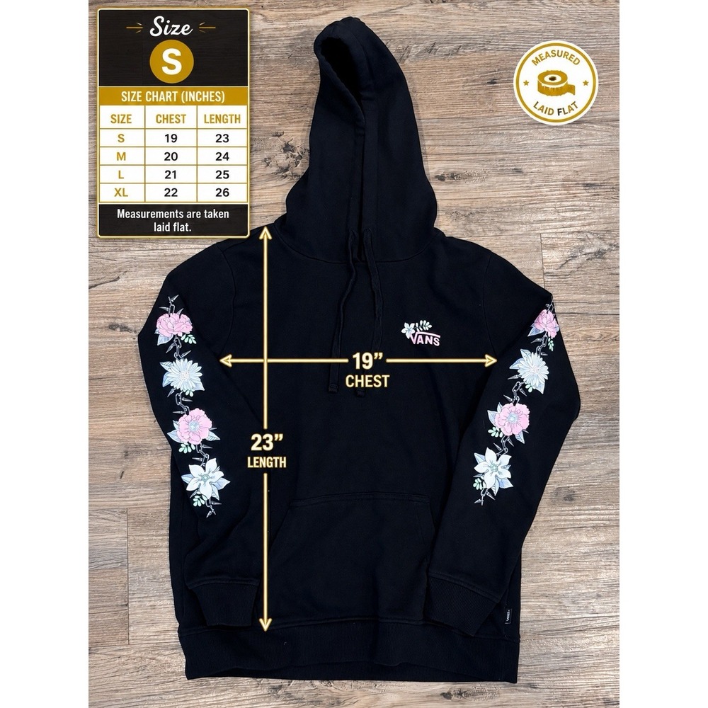 Vans Barbed Floral pink and white flowers Floral Sleeve Hoodie Black Pullover M - Picture 3 of 15